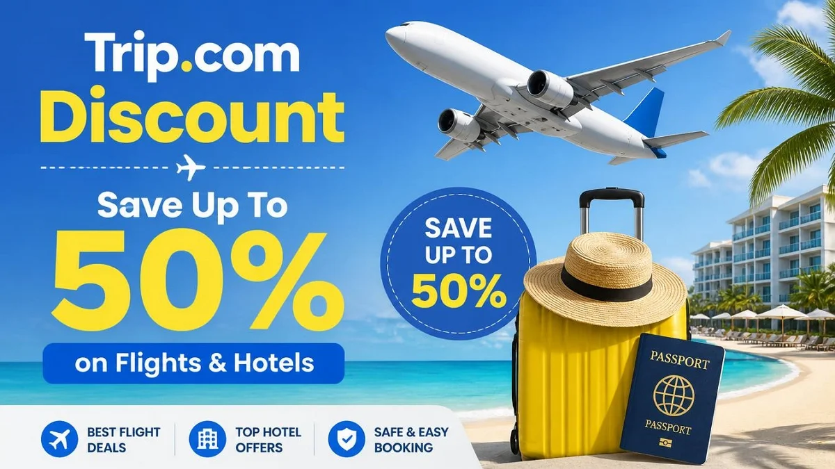 Trip com discount code banner with airplane and yellow suitcase showing save up to 50% on flights and hotels