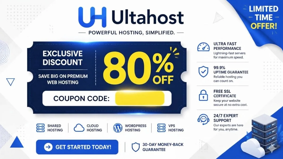 UltaHost web hosting exclusive 80 percent discount coupon code promotional banner
