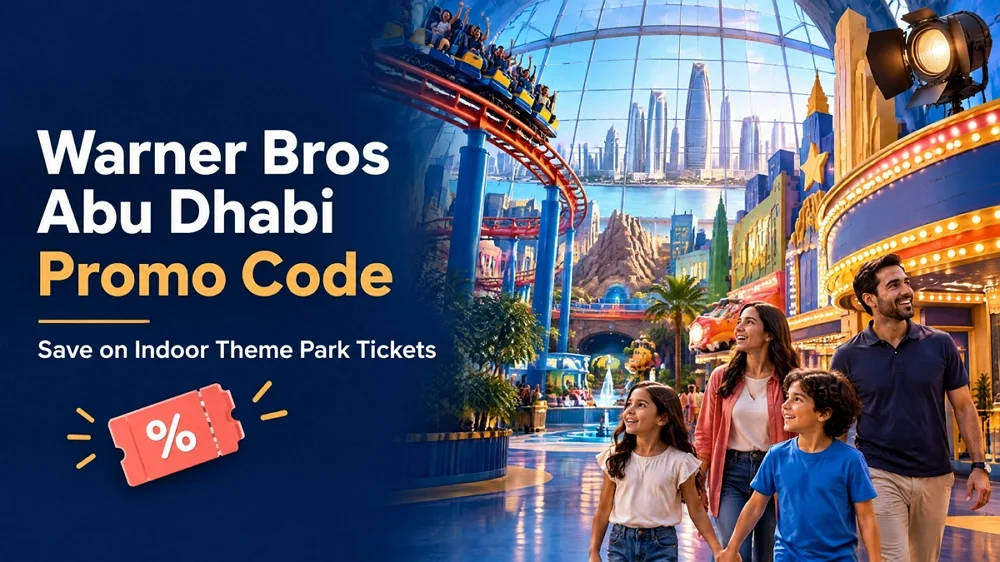 Family looking at Warner Bros World Abu Dhabi theme park attractions with a discount promo code ticket overlay.