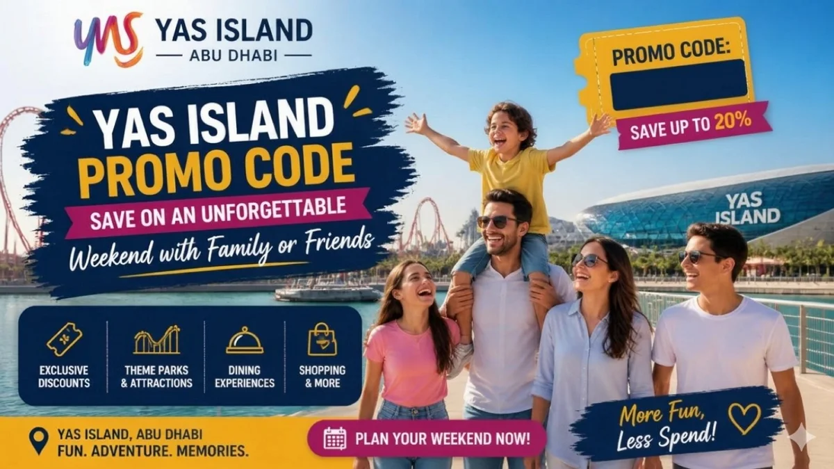 Yas Island Abu Dhabi promo code offering up to 20% discount on theme parks, dining, and shopping.